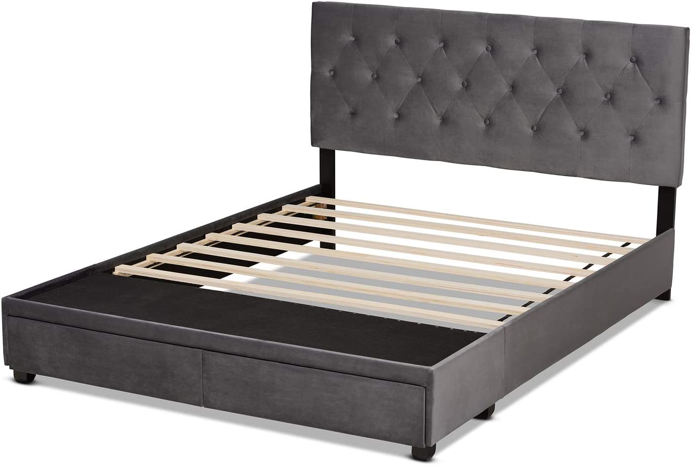 Baxton Studio Caronia Modern and Contemporary Grey Velvet Fabric Upholstered 2-Drawer Queen Size Platform Storage Bed