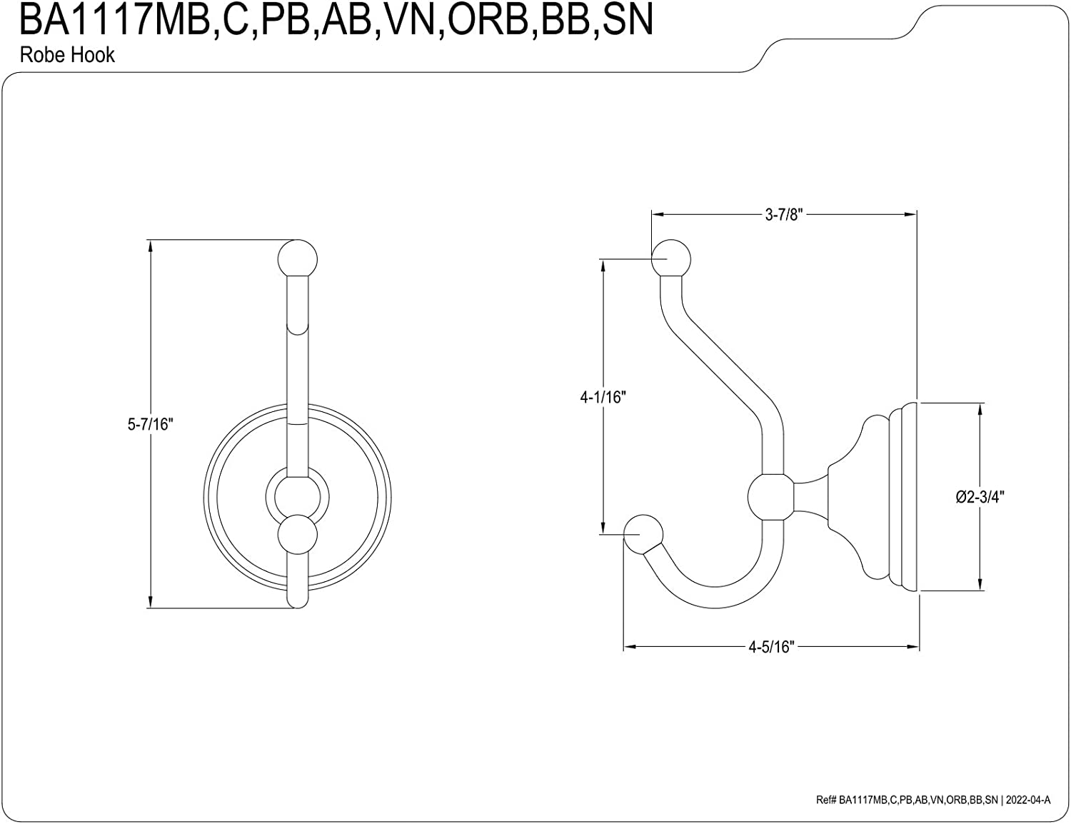 Kingston Brass BA1117MB Victorian Robe Hook, Matte Black