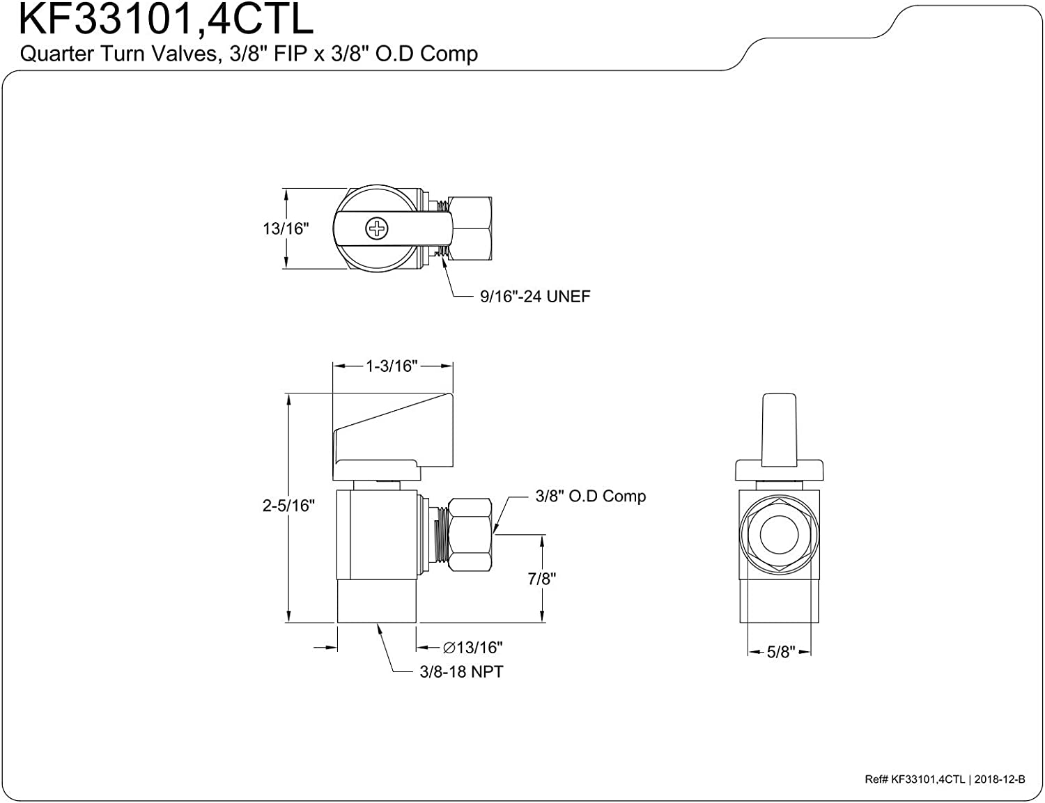 Kingston Brass KF33104CTL Columbia IPS x 3/8 Inch O.D Comp Quarter-Turn Angle Stop Valve, Raw Brass