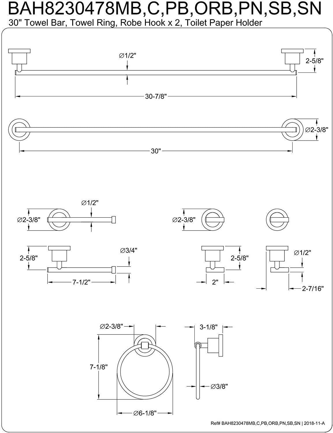 Kingston Brass BAH8230478PB Concord Bathroom Hardware Set, Polished Brass