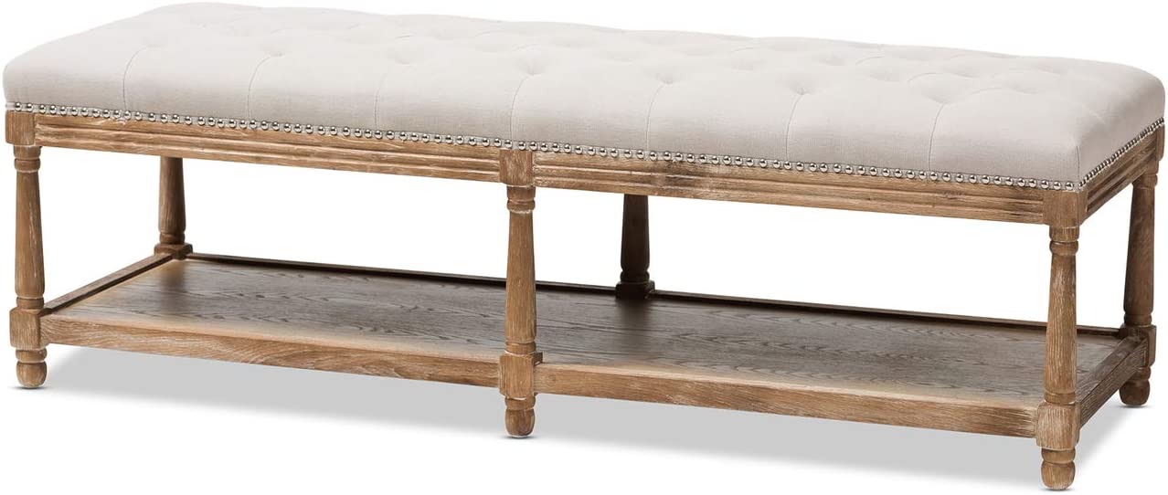 Baxton Studio Celeste French Country Weathered Oak Beige Linen Upholstered Ottoman Bench