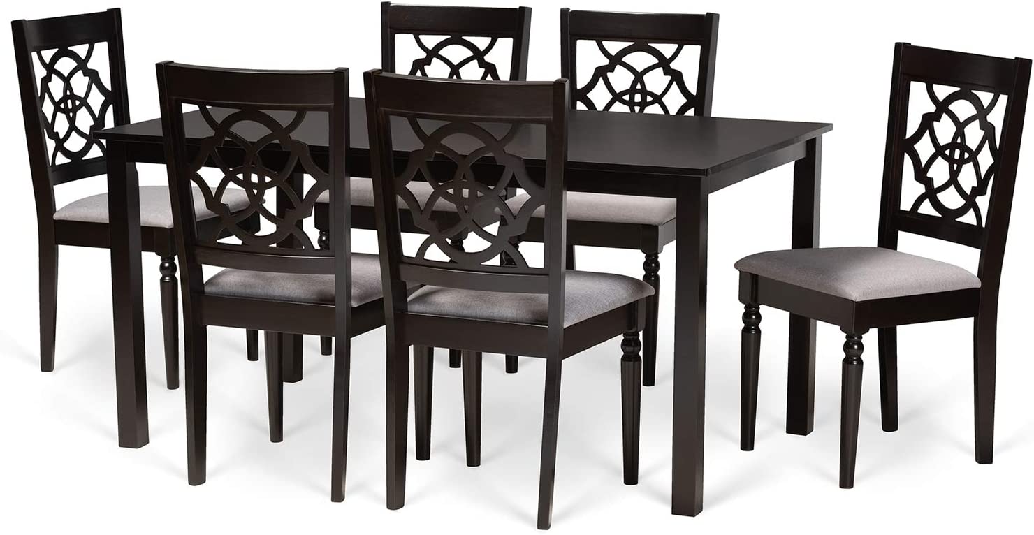Baxton Studio Renaud Modern and Contemporary Grey Fabric Upholstered and Dark Brown Finished Wood 7-Piece Dining Set
