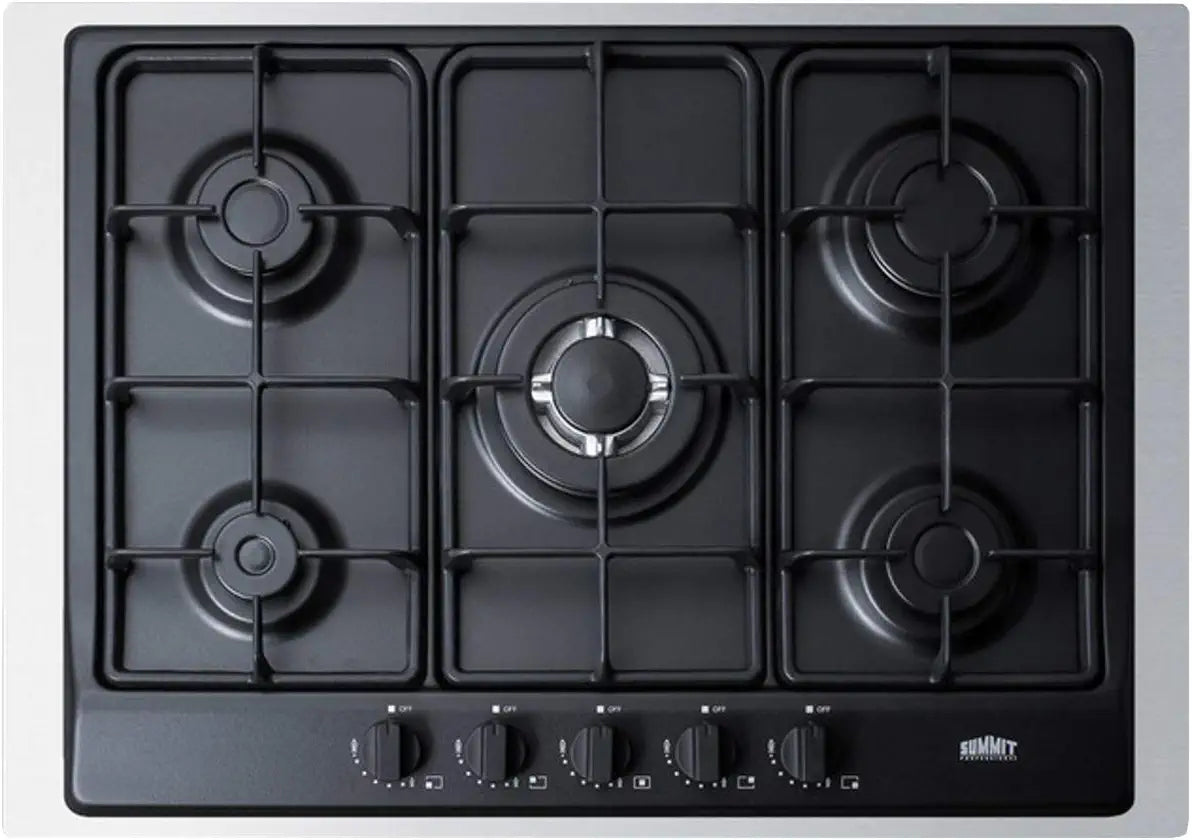 Summit Appliance GC5272BTK30 30&#34; Wide 5-Burner Gas Cooktop, Sealed Sabaf Burners, Continuous Cast Iron Grates, Wok Ring Included, Auxiliary Burner, Curved Design, Conversion Kit Included, Fast Burner