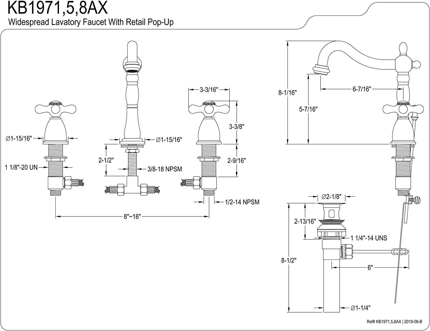 Kingston Brass KB1975AX Heritage Widespread Lavatory Faucet with Metal Cross Handle, Oil Rubbed Bronze,8-Inch Adjustable Center , Oil-Rubbed Bronze