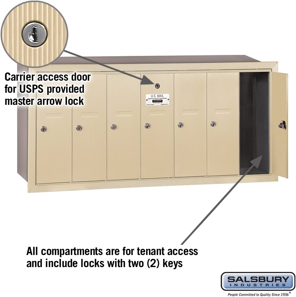 Salsbury Industries 3507SRU Recessed Mounted Vertical Mailbox for use with USPS Lock, 7 Doors, Sandstone