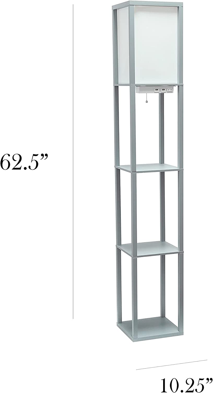 Simple Designs LF1037-GRY Organizer Storage Shelf with 2 Ports, 1 Charging Outlet and Linen Shade USB Etagere Floor Lamp, Gray