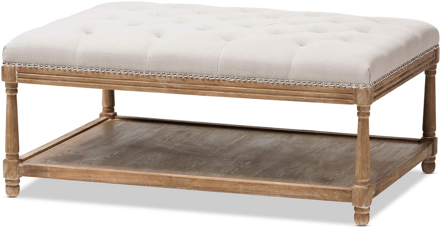 Baxton Studio Carlotta French Country Weathered Oak Beige Linen Rectangular Coffee Table Ottoman