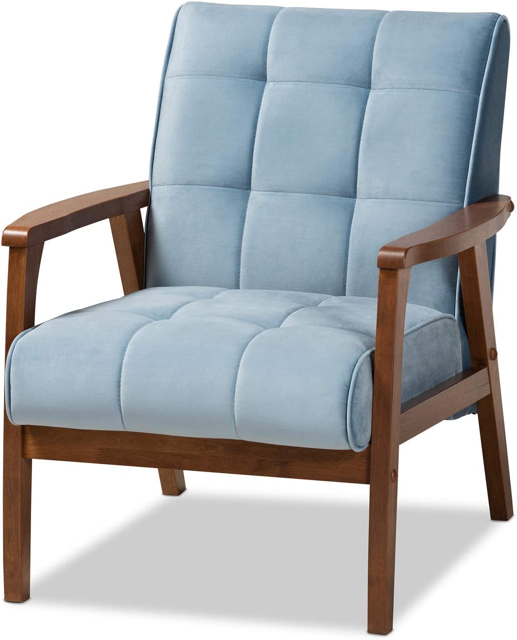 Baxton Studio Asta Mid-Century Modern Light Blue Velvet Fabric Upholstered Walnut Finished Wood Armchair