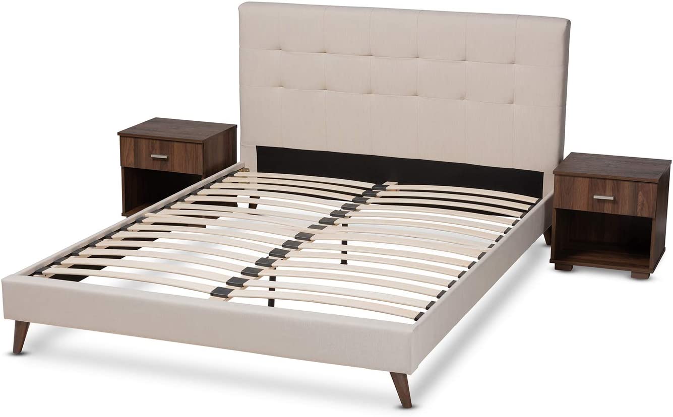 Baxton Studio Maren Mid-Century Modern Beige Fabric Upholstered Full Size Platform Bed with Two Nightstands