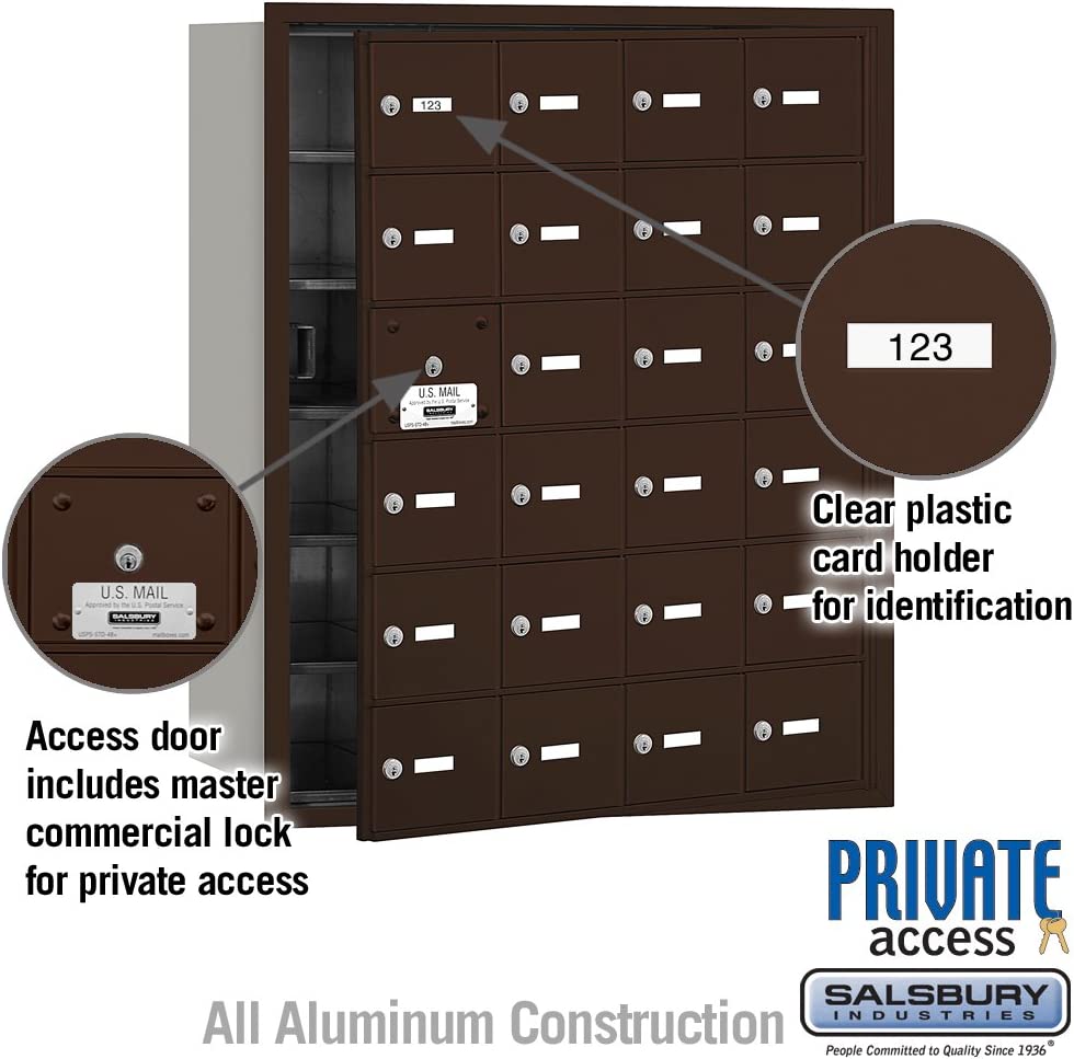 Salsbury Industries 3624ZFP 4B Plus Horizontal Mailbox with Master Commercial Lock, 24 A Doors 23 Usable, Front Loading, Private Access, Bronze