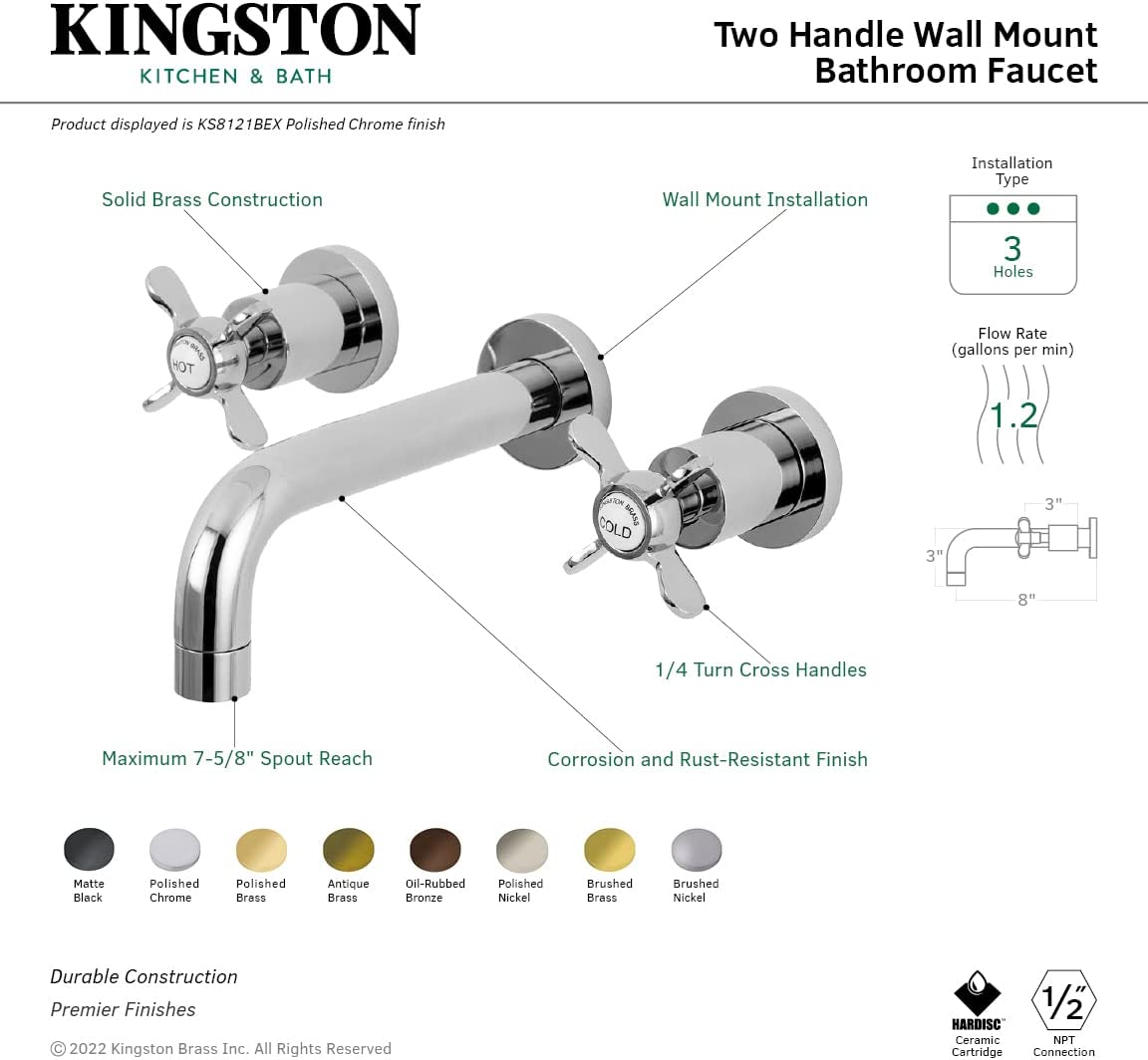 Kingston Brass KS8123BEX Essex 2-Handle 8 in. Wall Mount Bathroom Faucet, Antique Brass