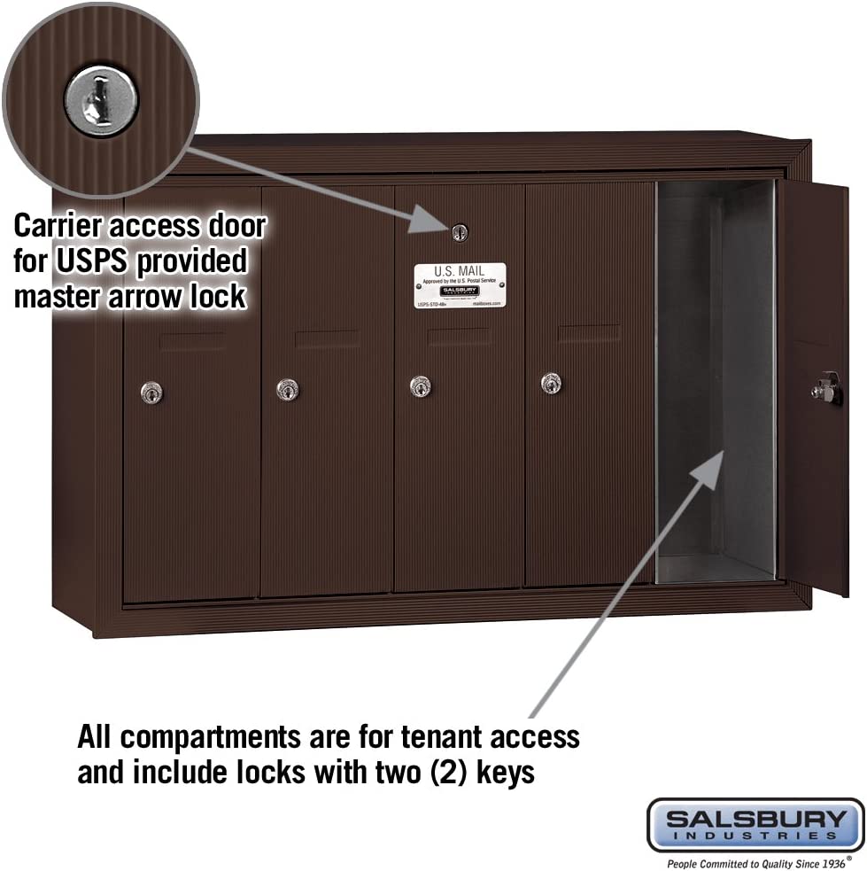 Salsbury Industries 3505ZSU Surface Mounted Vertical Mailbox with USPS Access and 5 Doors, Bronze