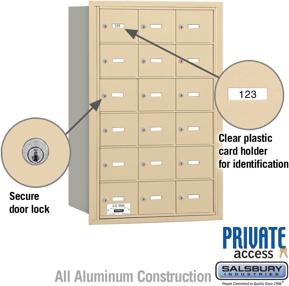 Salsbury Industries 3618SRP 4B Plus Horizontal Mailbox, 18 A Doors, Rear Loading, Private Access, Sandstone