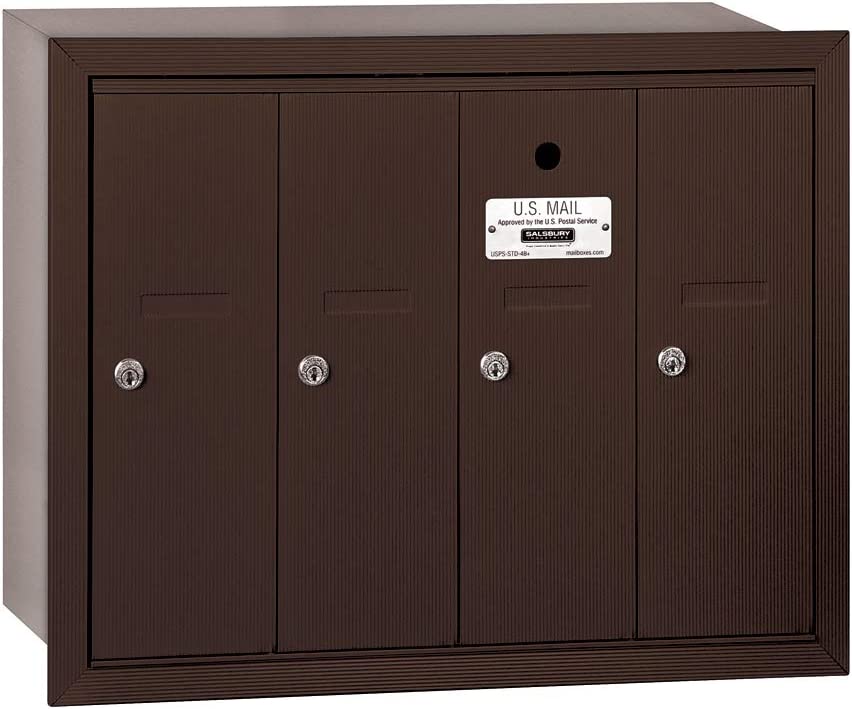 Salsbury Industries 3504ZRU Recessed Mounted Vertical Mailbox with USPS Access and 4 Doors, Bronze