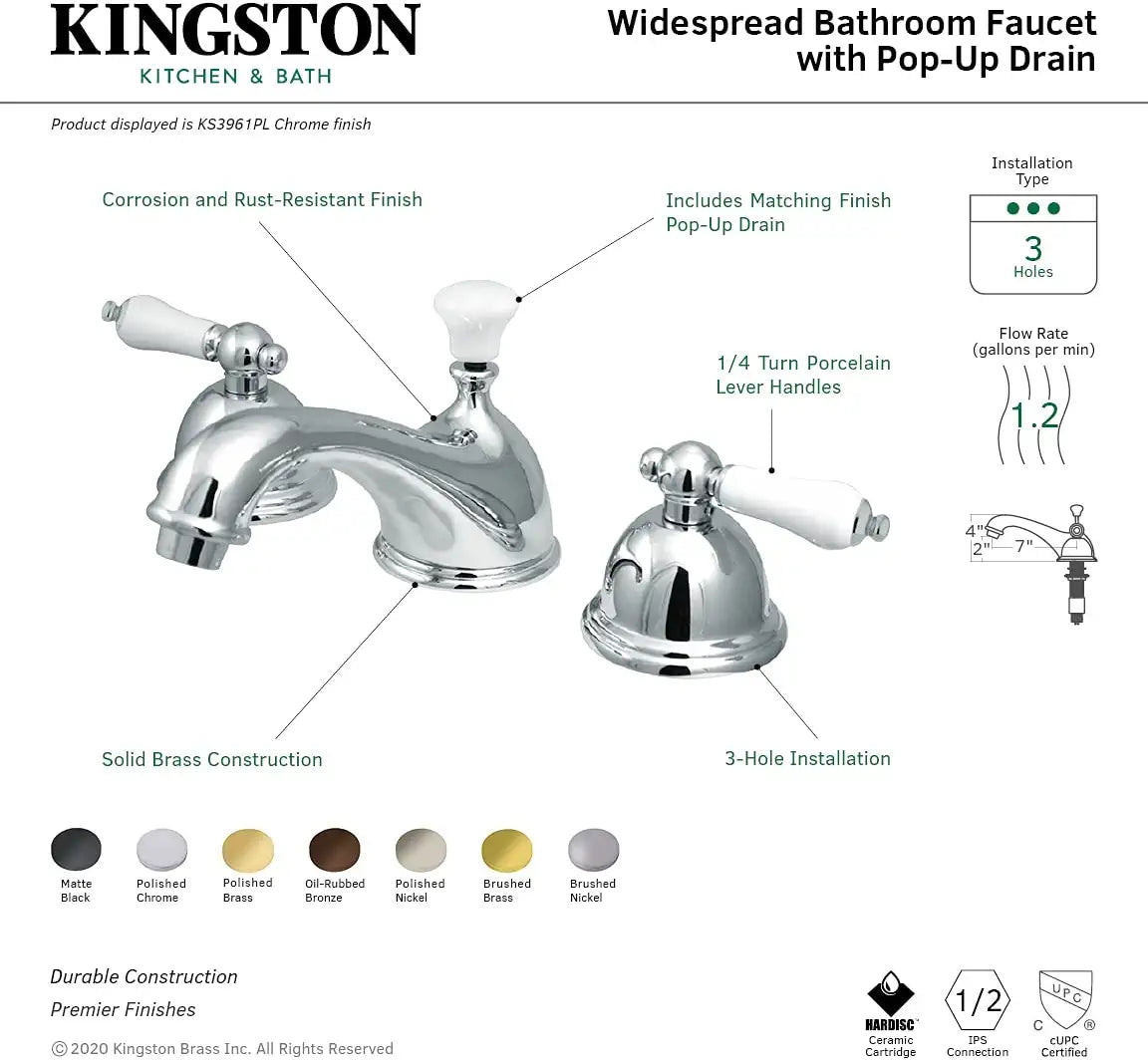 Kingston Brass KS3968PL Restoration Widespread Lavatory Faucet with Porcelain Lever Handle, Brushed Nickel