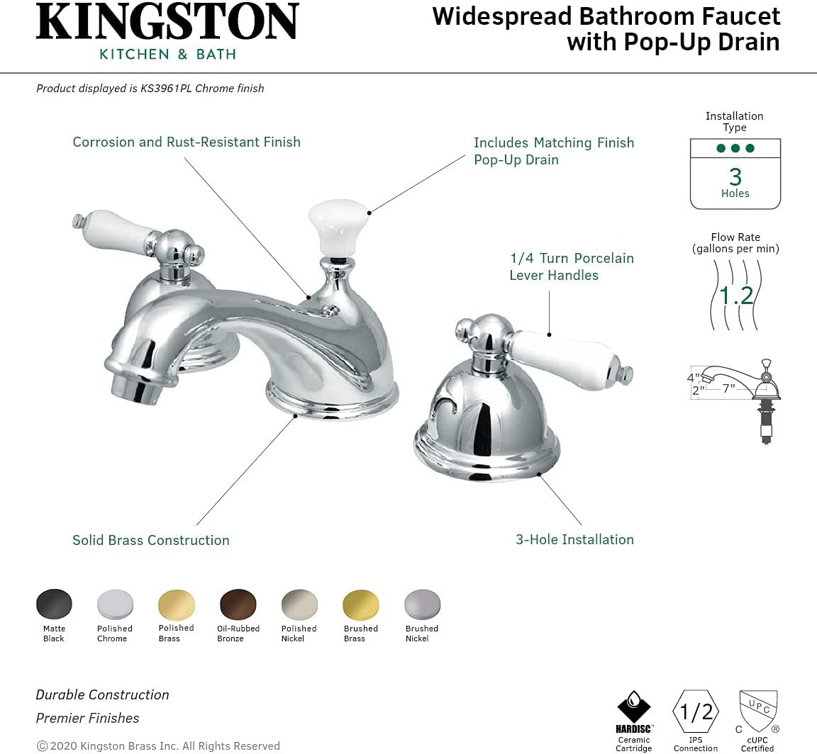 Kingston Brass KS3961PL Restoration Widespread Lavatory Faucet with Porcelain Lever Handle, Polished Chrome