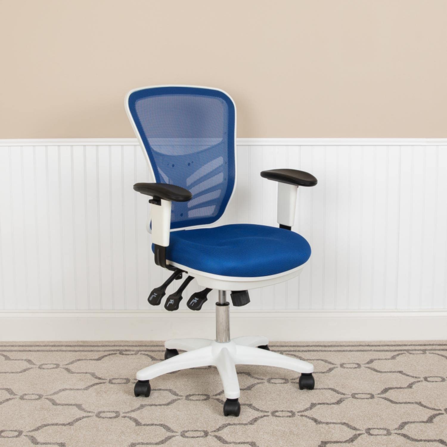 Flash Furniture Mid-Back Blue Mesh Multifunction Executive Swivel Ergonomic Office Chair with Adjustable Arms and White Frame