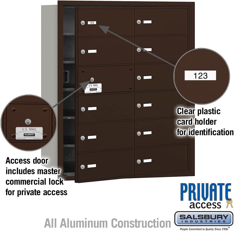 Salsbury Industries 3612ZFP 4B Plus Horizontal Mailbox with Master Commercial Lock, 12 B Doors 11 Usable, Front Loading, Private Access, Bronze