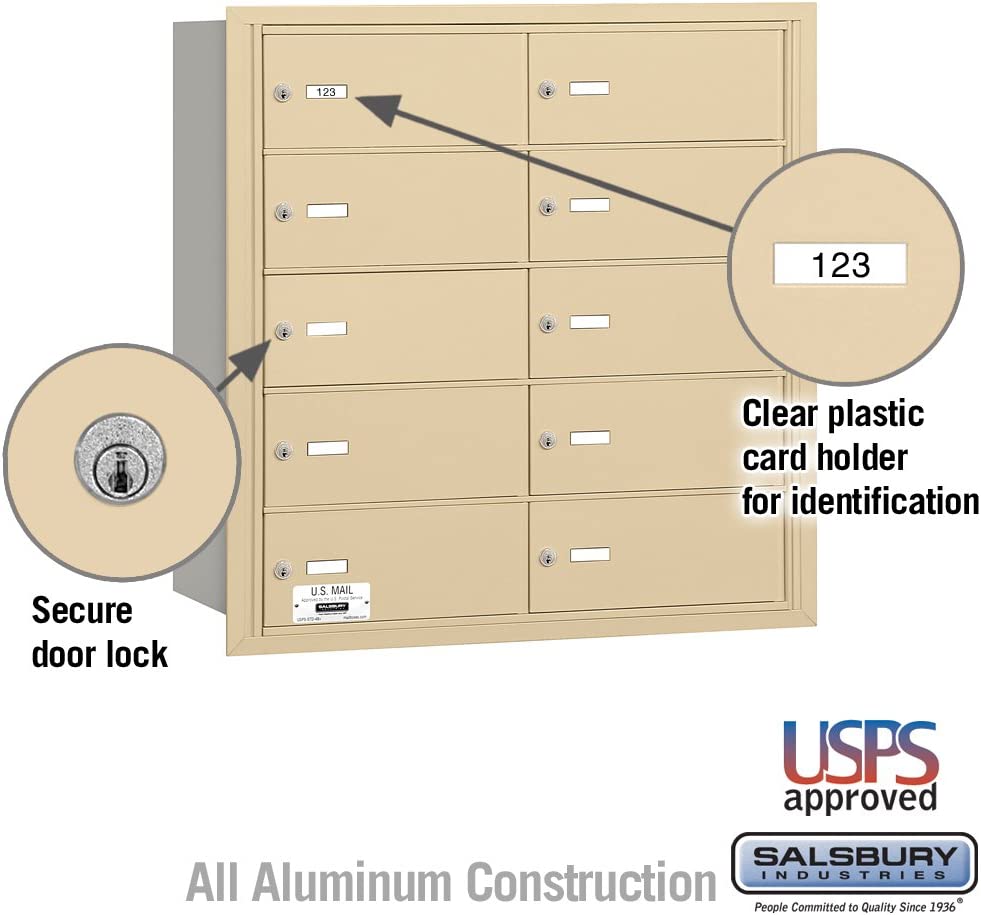 Salsbury Industries 3610SRU 4B Plus Horizontal Mailbox, 10 B Doors, Rear Loading, USPS Access, Sandstone