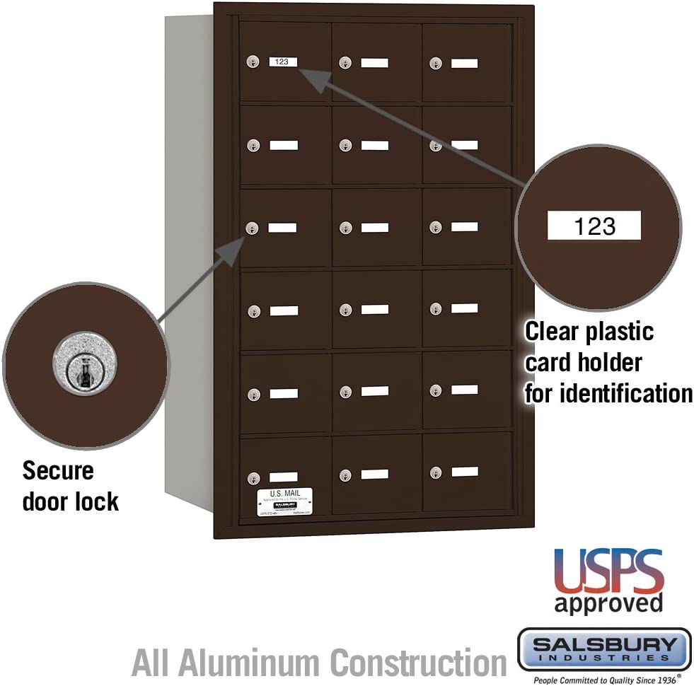 Salsbury Industries 3618ZRU 4B Plus Horizontal Mailbox, 18 A Doors, Rear Loading, USPS Access, Bronze