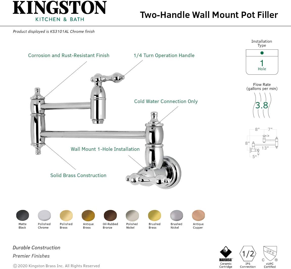 Kingston Brass KS3108AL Restoration Pot Filler, Brushed Nickel,8-1/8-Inch Spout Height