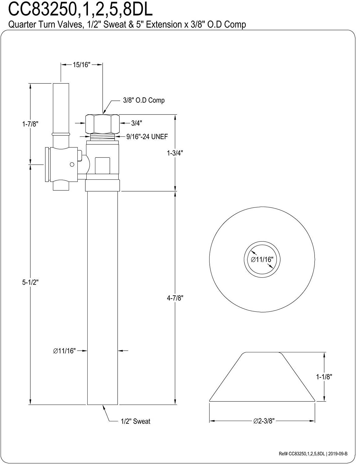 Kingston Brass CC83251DL Vintage 1/2-Inch Sweat x 3/8-Inch O.D. Comp Straight Shut-Off Valve with 5-Inch Extension, Polished Chrome