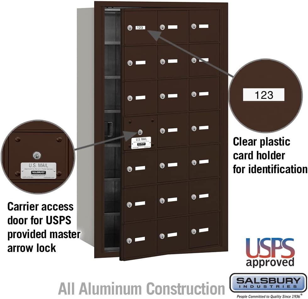 Salsbury Industries 3621ZFU 4B Plus Horizontal Mailbox, 21 A Doors 20 Usable, Front Loading, USPS Access, Bronze