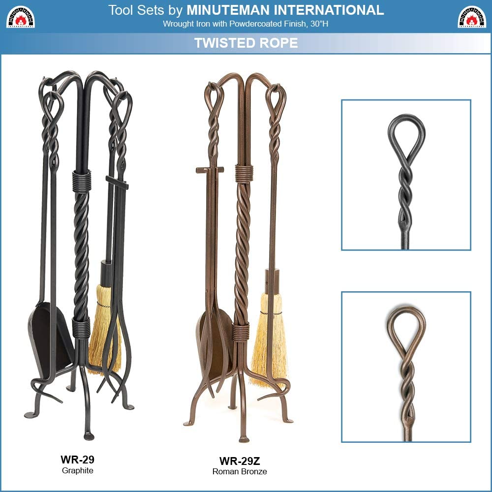 Minuteman International Twisted Rope 5-piece Wrought Iron Fireplace Tool Set, Roman Bronze