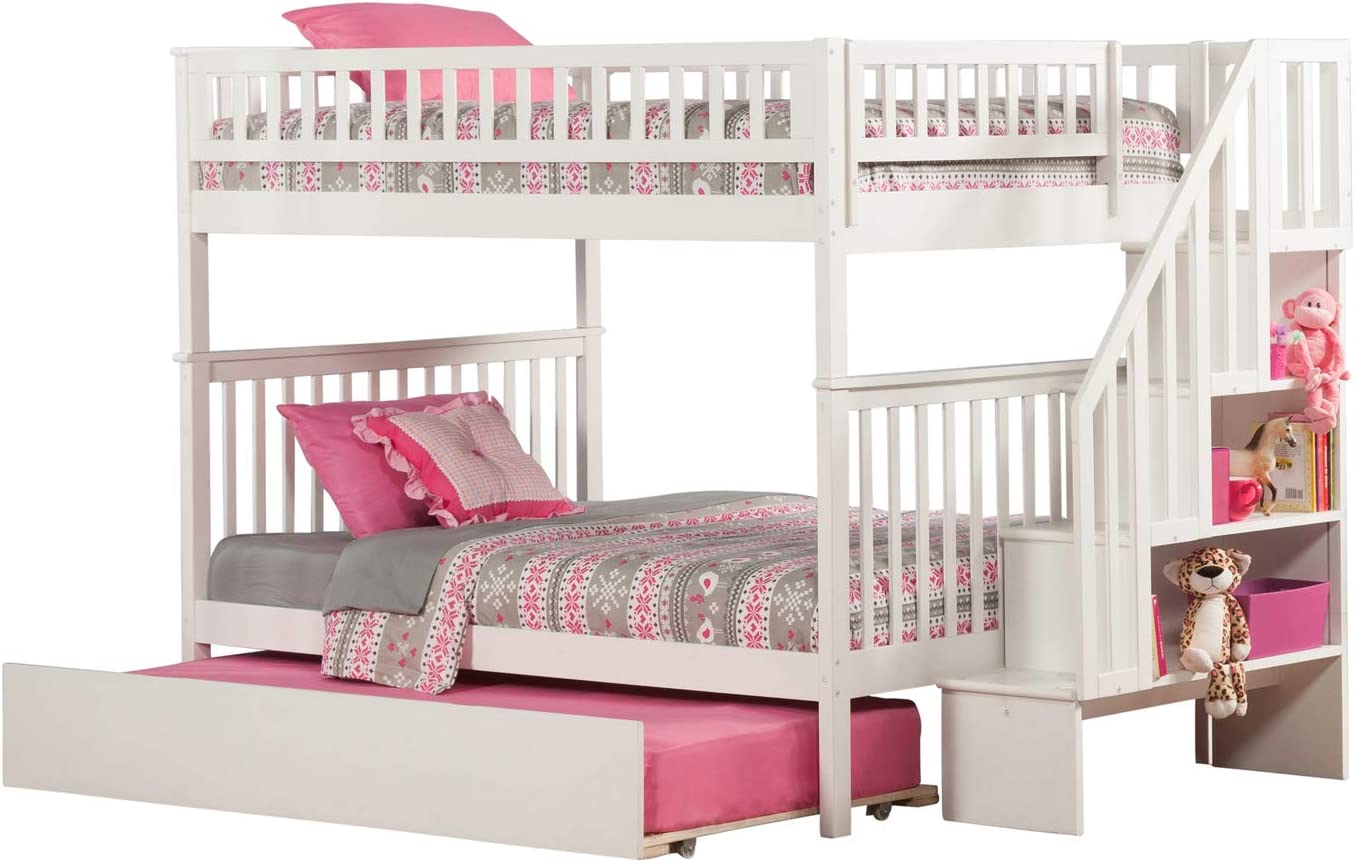 Atlantic Furniture Woodland Staircase Bunk Bed Full Over Full with Full Size Urban Trundle Bed in White