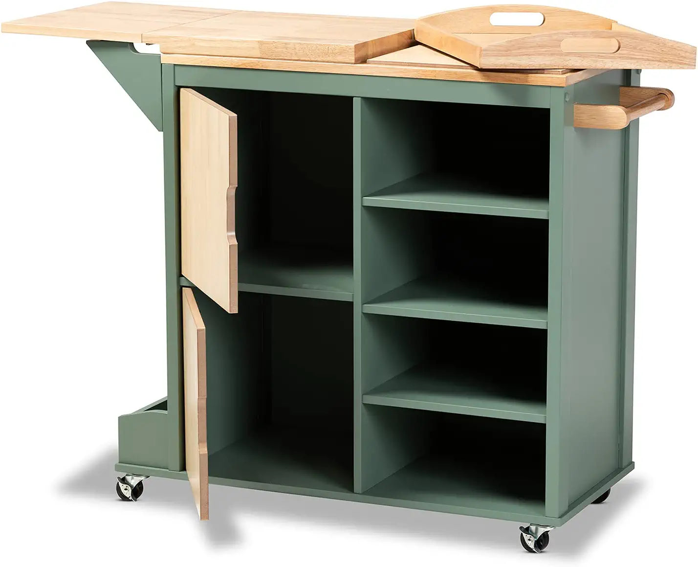 Wholesale Interiors Baxton Studio Dorthy Coastal and Farmhouse Two-Tone Dark Green and Natural Wood Kitchen Storage Cart