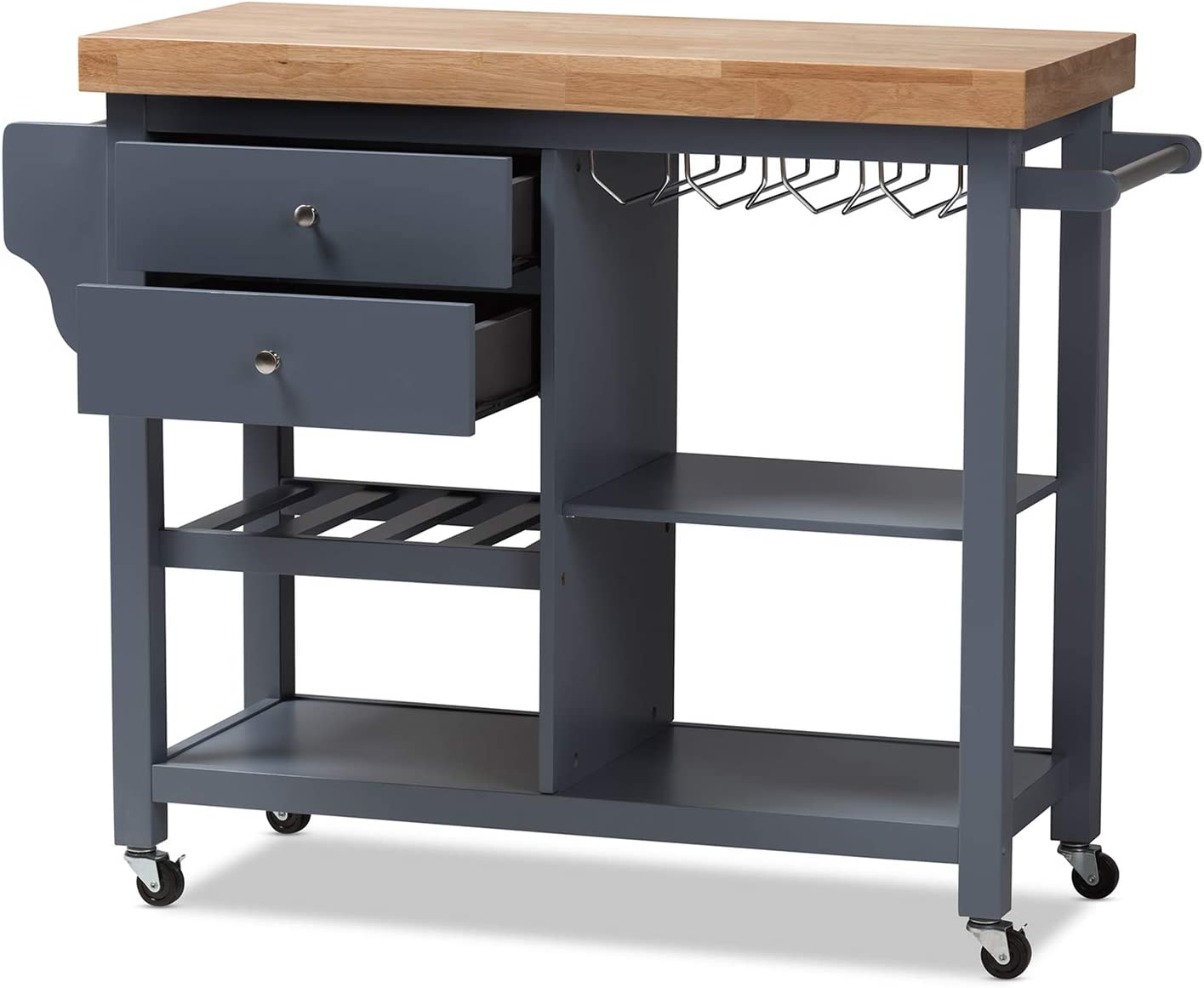 Baxton Studio Sunderland Coastal and Farmhouse Grey Wood Kitchen Cart Grey//Medium Wood/Rubber Wood/Farmhouse