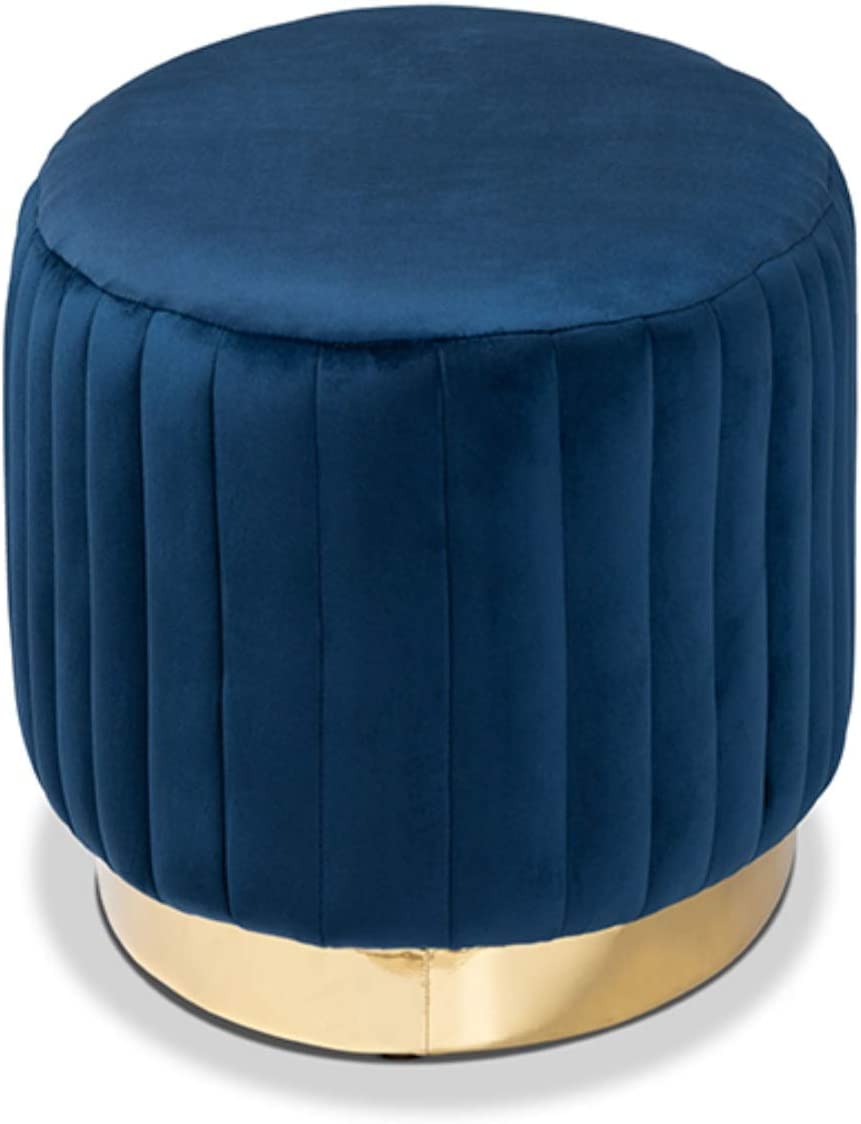 Baxton Studio Kirana Glam and Luxe Navy Blue Velvet Fabric Upholstered and Gold PU Leather Ottoman