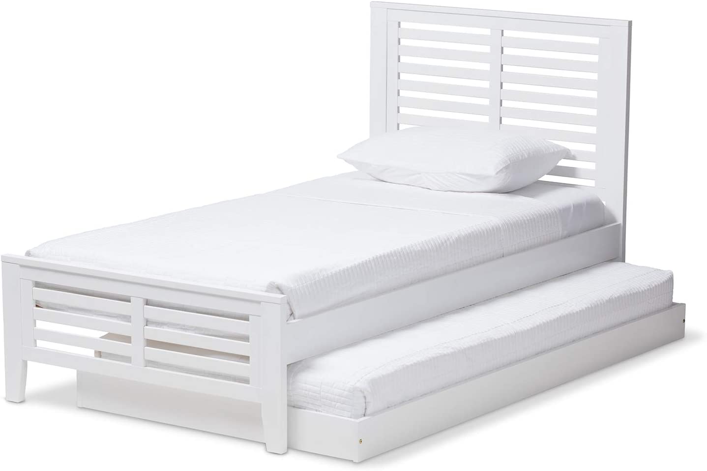 Baxton Studio Sedona Modern Classic Mission Style White-Finished Wood Twin Platform Bed with Trundle White/Twin//White/Mission/Rubber Wood/Poplar/LVL