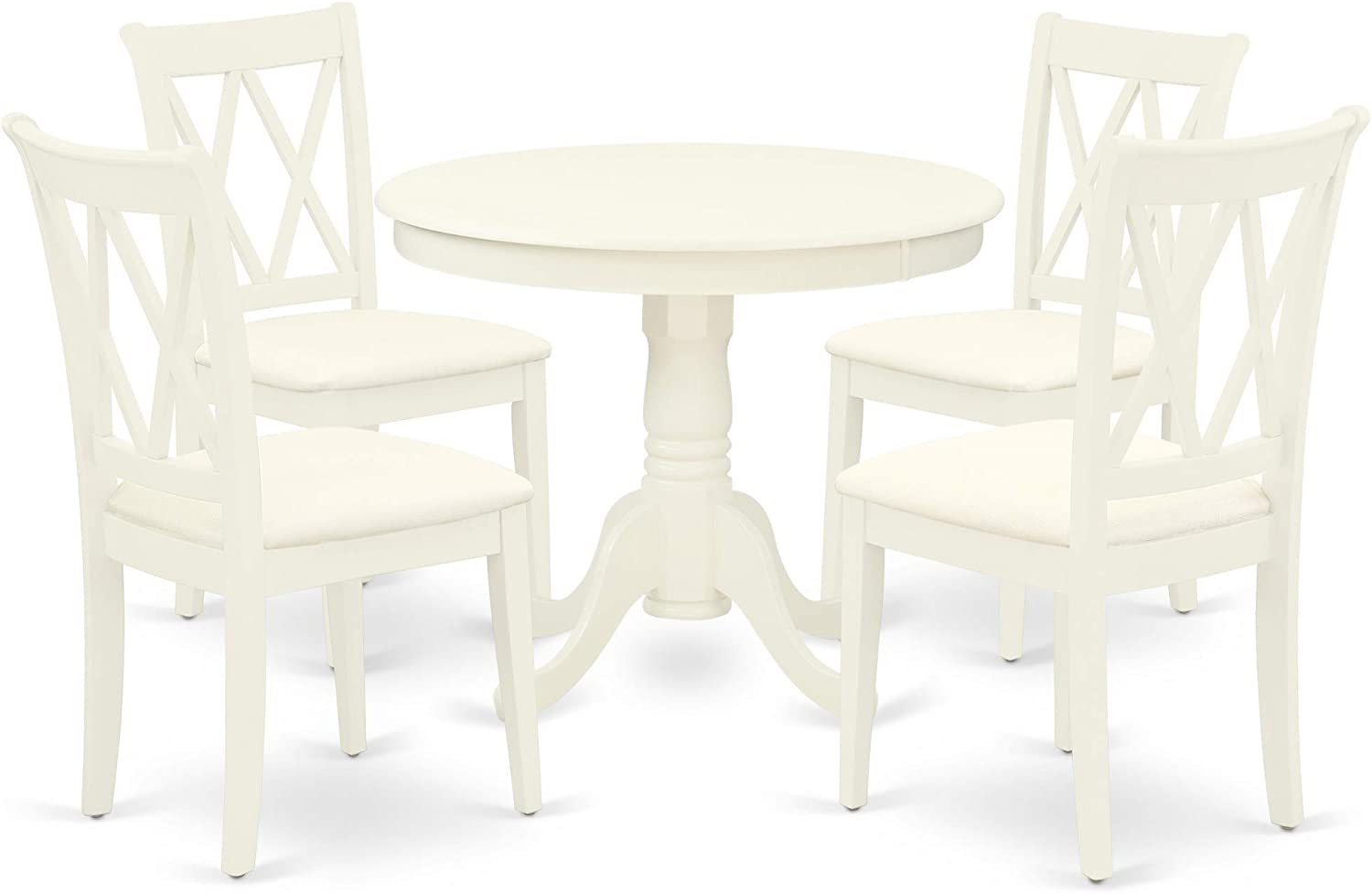 East West Furniture 5Pc Dining Set Includes a Round Dinette Table and Four Double X Back Microfiber Seat Kitchen Chairs, Linen White Finish