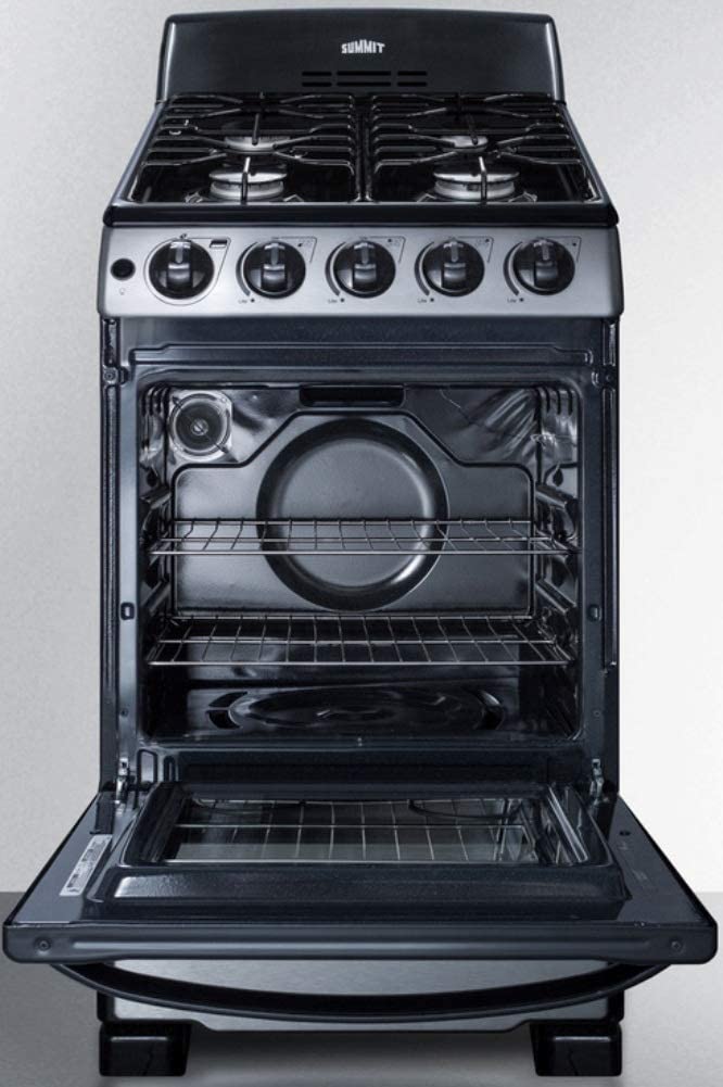 Summit Appliance PRO201SS 20" Wide Gas Range in Stainless Steel with Electronic Ignition (Spark), Indicator Lights, Backguard, Porcelain Construction, Upfront Controls, Oven Window, and Sealed Burners