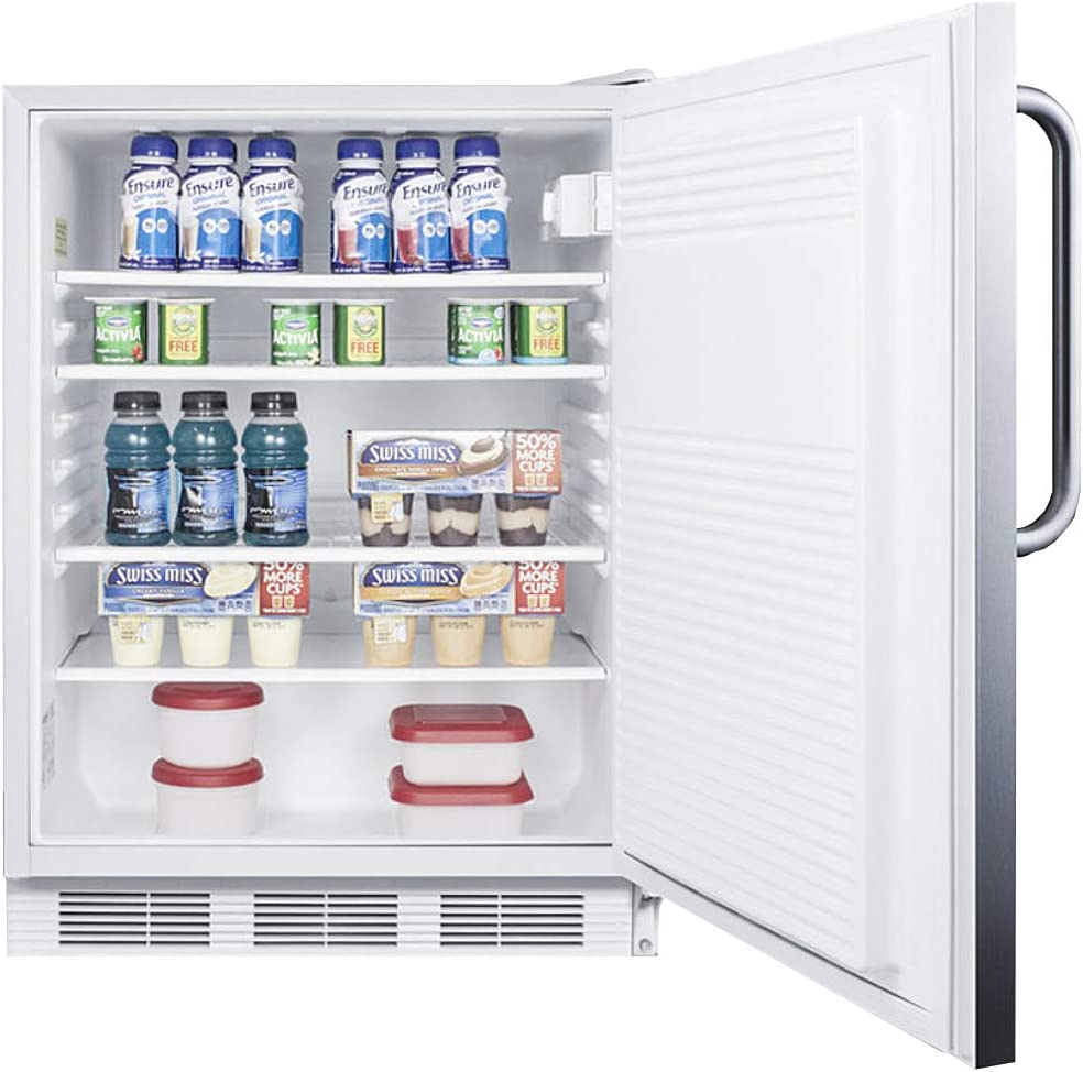 Summit Appliance FF7LWCSSADA Accucold Built-In Undercounter All-Refrigerator, 24&#34; Wide, ADA Compliant, 5.5 cu.ft. Storage Capacity, Factory Installed Lock, Automatic Defrost, Towel Bar Handle