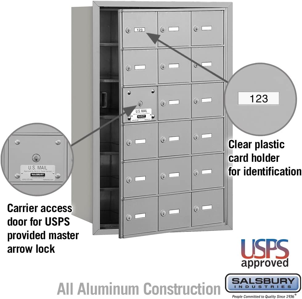 Salsbury Industries 3618AFU 4B Plus Horizontal Mailbox, 18 A Doors 17 Usable, Front Loading, USPS Access, Aluminum