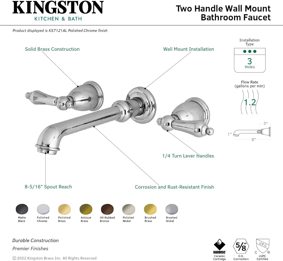 Kingston Brass KS7123AL 8-Inch Center Wall Mount Bathroom Faucet, Antique Brass