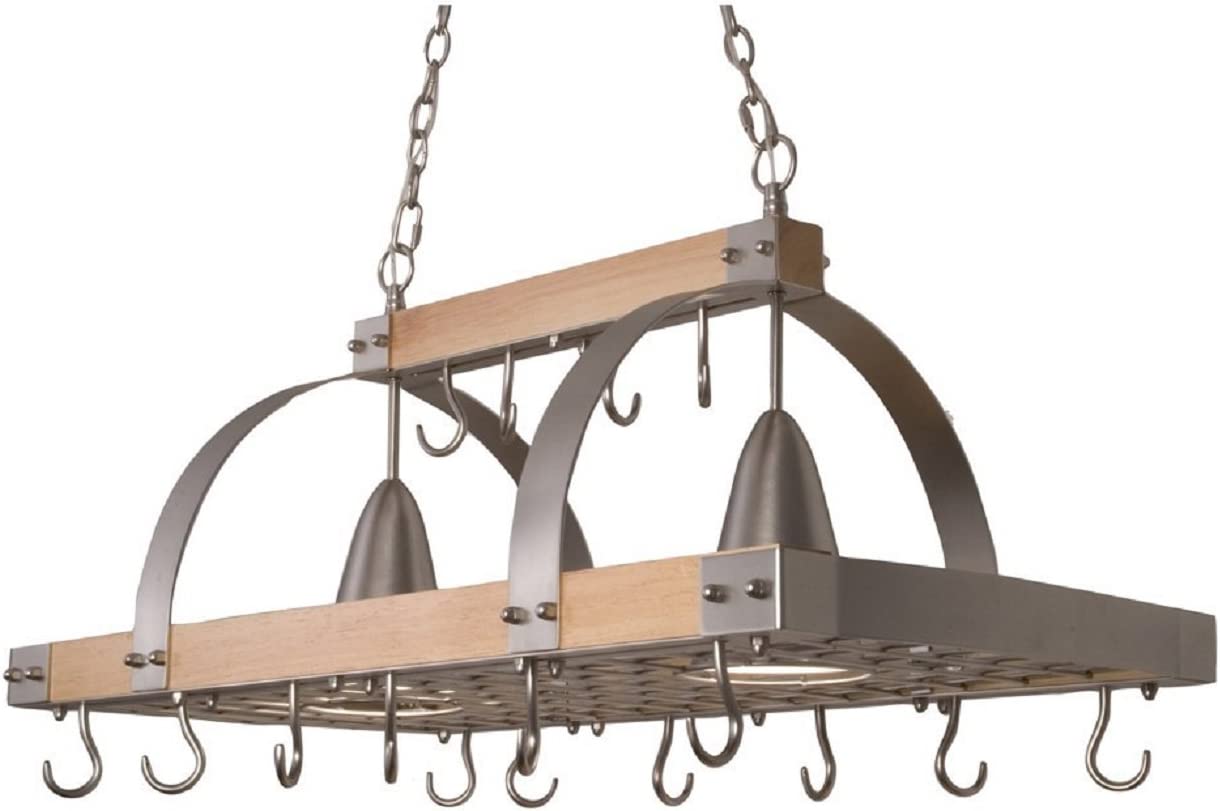 Elegant Designs PR1001-WOD 2 Light Kitchen Wood Pot Rack with Downlights, Wood with Brushed Nickel Accents