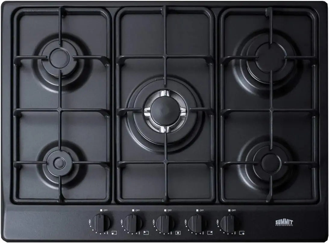 Summit Appliance GC5272B 5-Burner Gas Cooktop, 27&#34; Width with 5 Burners, Steel Surface in Black Matte Finish, Wok Ring Included, Two Semi-Rapid Burners, Centralized Controls, Conversion Kit Included