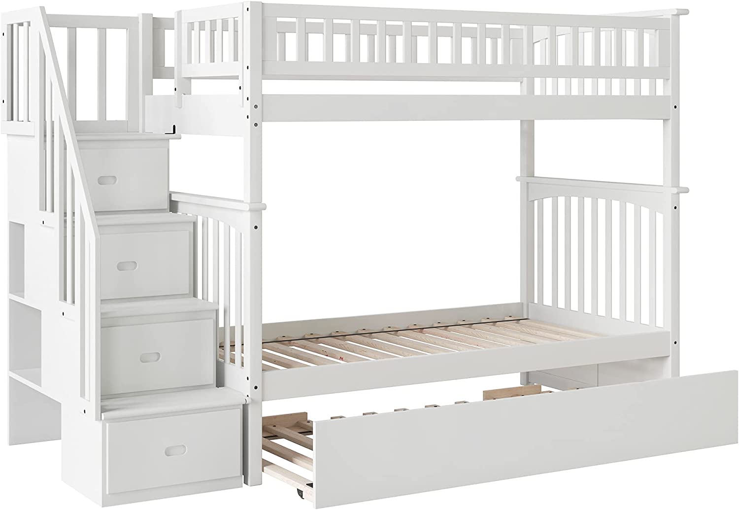 AFI Columbia Staircase Bunk with Turbo Charger and Twin Size Urban Trundle, Twin/Twin, White