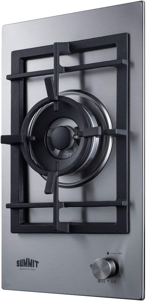 Summit Appliance GCJ1SS 12&#34; Wide 1-Burner Gas Cooktop, Stainless Steel Finish, Push-to-Turn Knobs, Sealed Burner, Dual-Ring Burner, Designer Knobs, Wok Ring Included, Front-of-Unit Controls