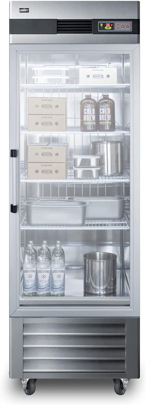 Summit Appliance SCR23SSG Commercial 23 Cu.Ft. Reach-In refrigerator in Complete Stainless Steel with Right Hand Door, Microprocessor Control Panel, Glass Door, LED Lighting and Lock