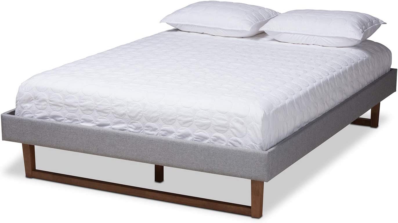 Baxton Studio Liliya Mid-Century Modern Light Grey Fabric Upholstered Walnut Brown Finished Wood Full Size Platform Bed Frame