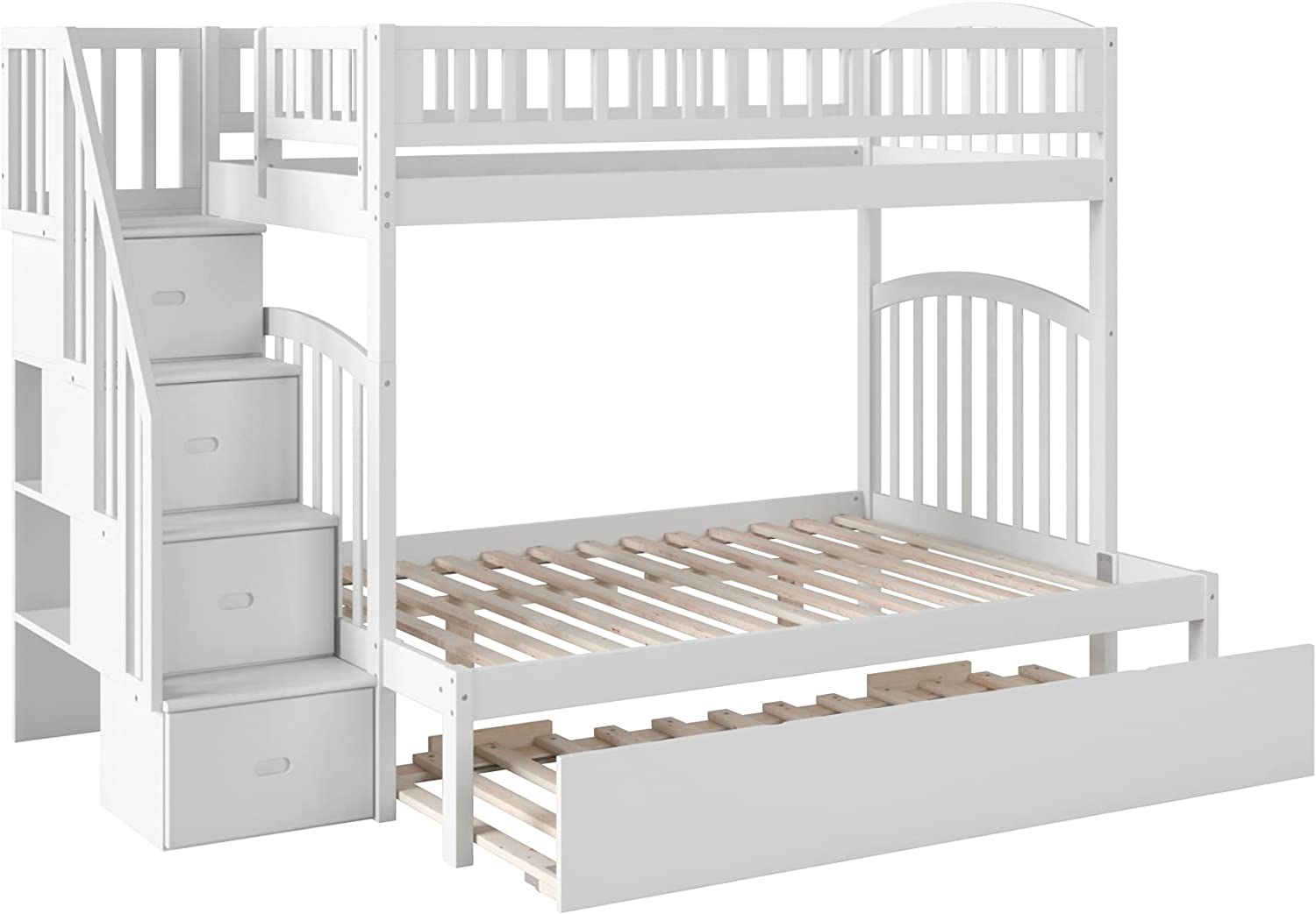 Westbrook Staircase Bunk Twin over Full with Turbo Charger and Twin Size Urban Trundle in White