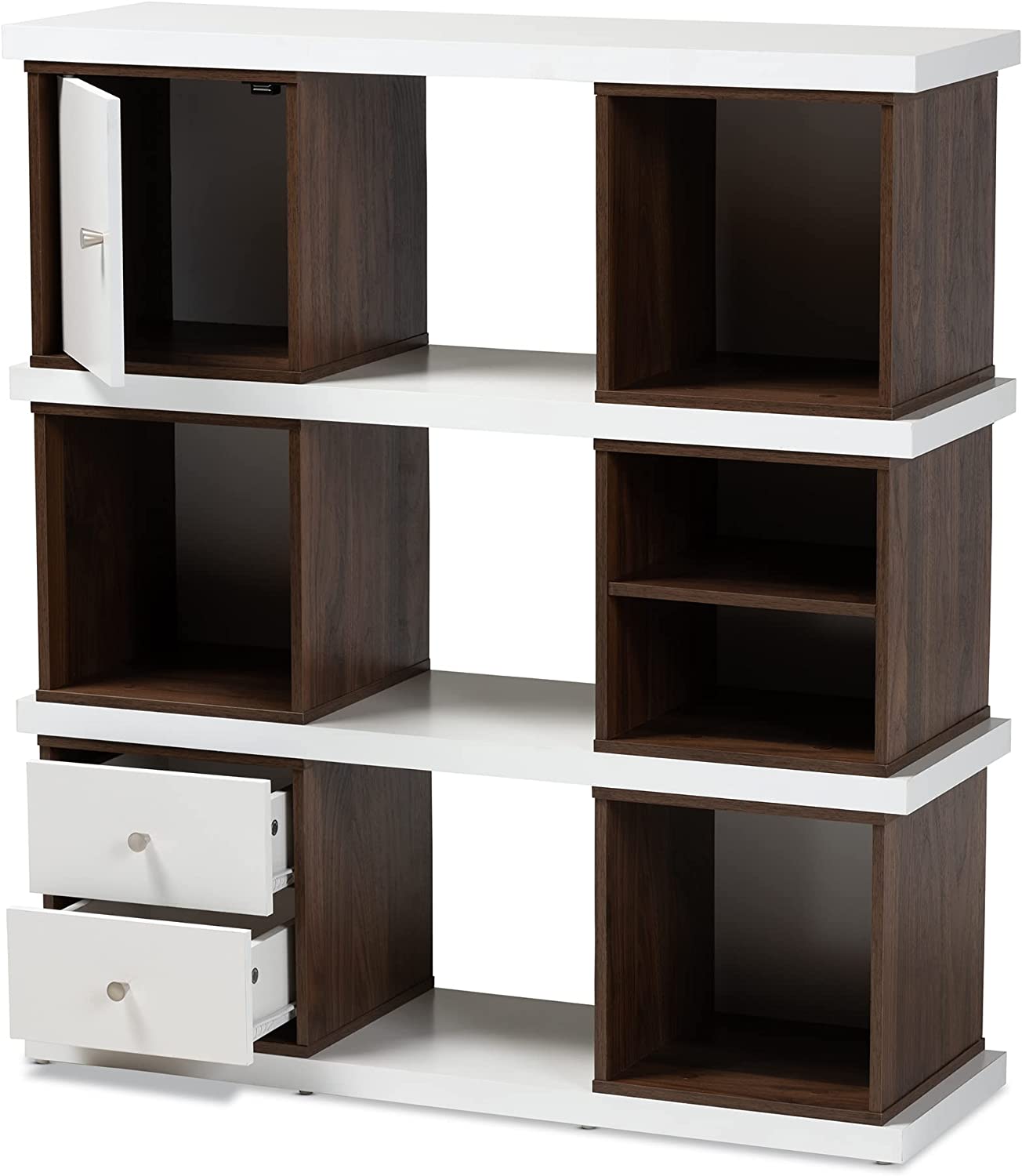 Baxton Studio Rune Modern and Contemporary Two-Tone White and Walnut Brown Finished 2-Drawer Bookcase