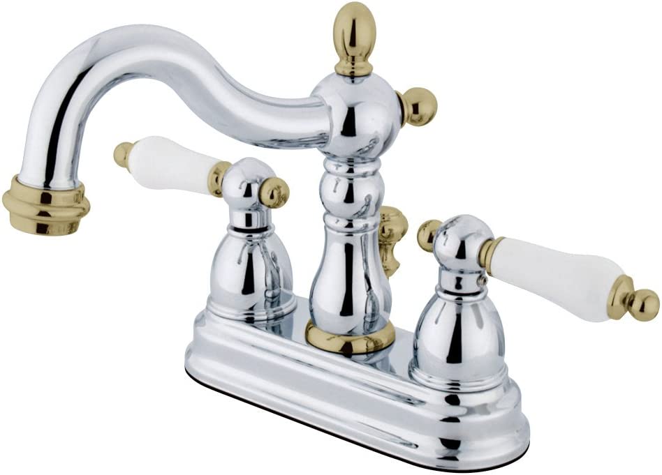 Kingston Brass KB1604PL Heritage 4-Inch Centerset Lavatory Faucet with Porcelain Lever Handle, Polished Chrome and Polished Brass