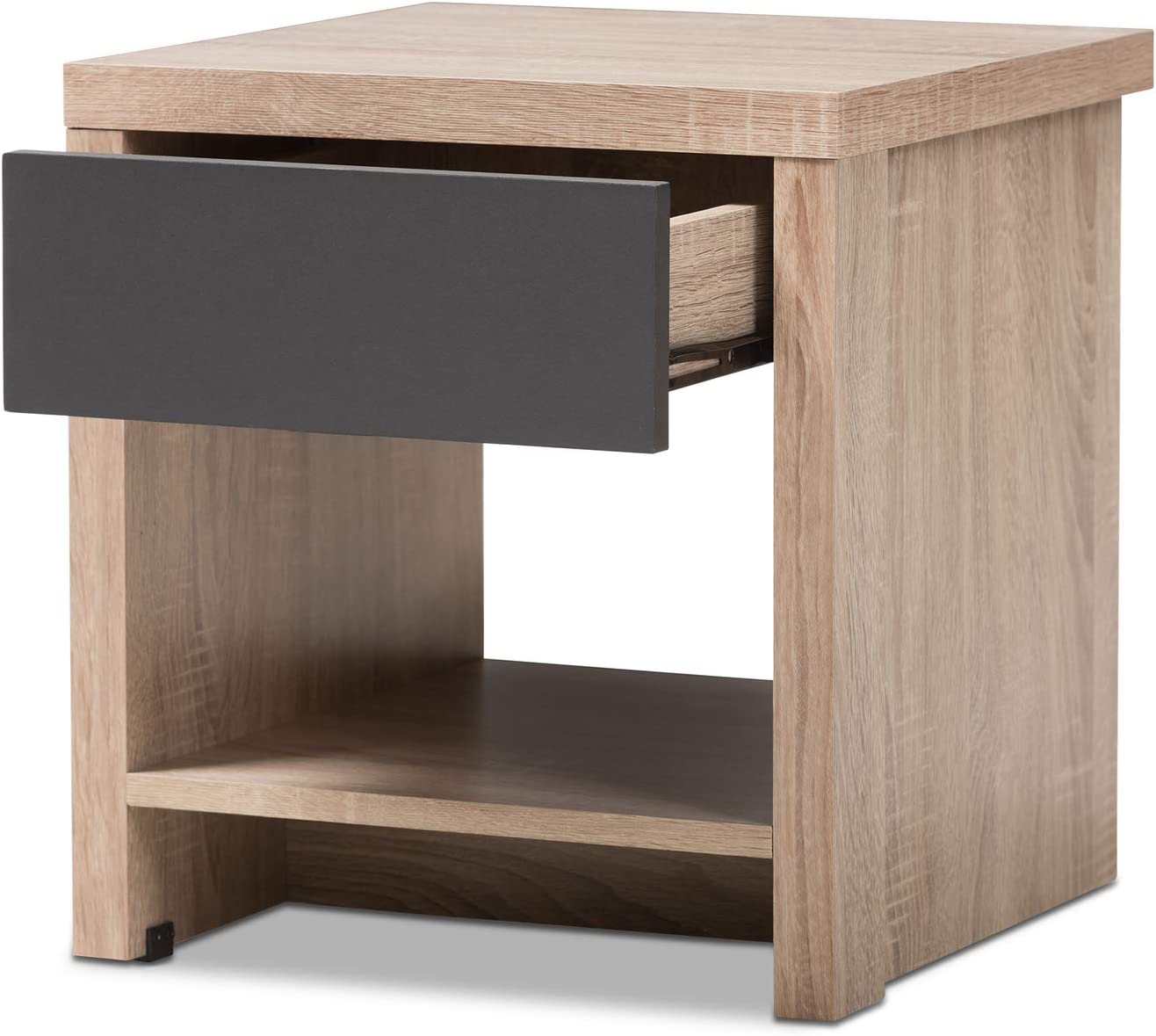 Baxton Studio Jamie Modern and Contemporary Two-Tone Oak and Grey Wood 1-Drawer 1-Shelf Nightstand/Contemporary/Light Brown/Gray/Particle Board/MDF with PU Paper