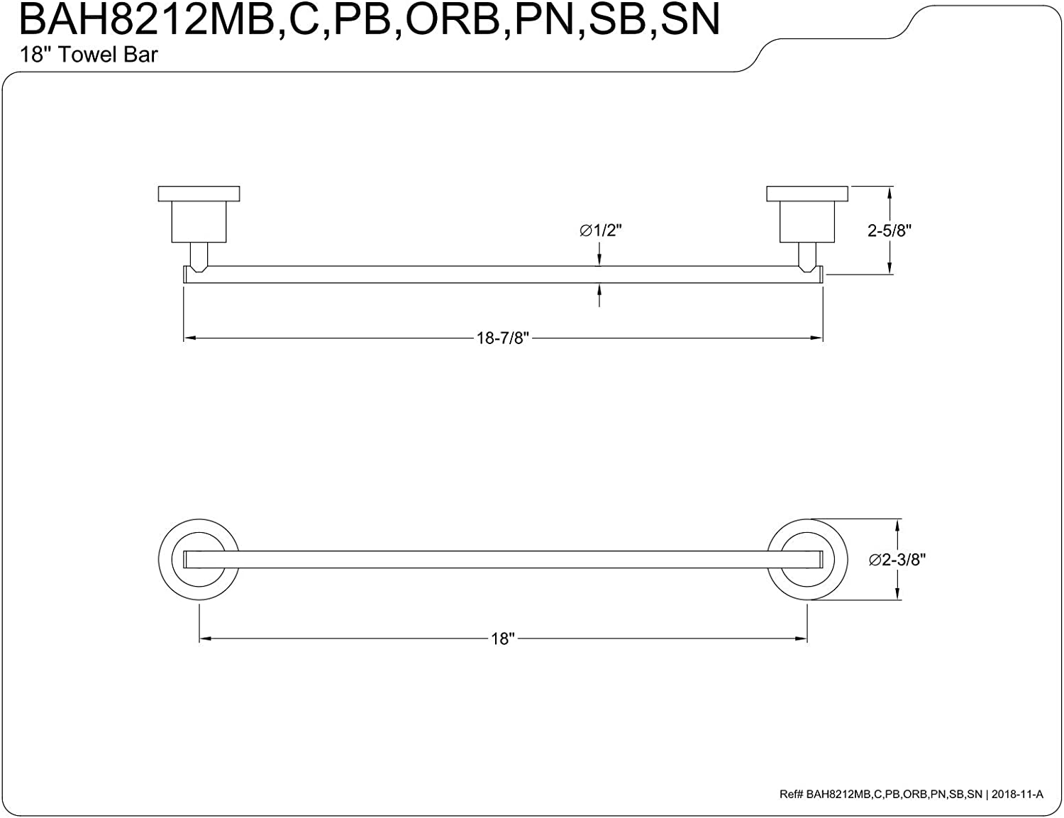 Kingston Brass BAH8212MB Concord Towel Bar, Matte Black