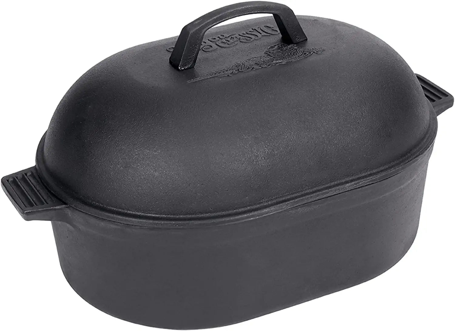 Bayou Classic 7418 12-qt Cast Iron Oval Roaster Features Domed Cast Iron Lid Perfect For Slow Cooking Roast Turkey Chicken Ham Pot Roast Stews Soups and Chili